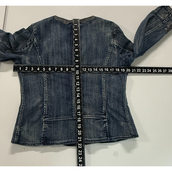 Coldwater Creek Jacket 10 Petite Blue Denim Embroidered Hook & Eye Closure - Picture 7 of 12